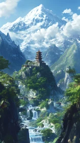 Mountain temple greets cascading waterfalls in tranquil light