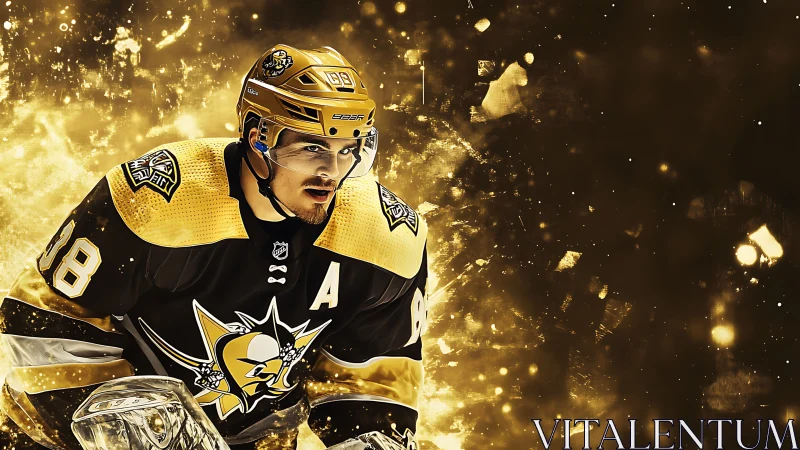 Hockey player in yellow uniform skates against abstract light field