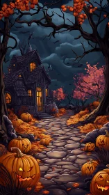 Halloween pathway with pumpkins leading to old house at night.