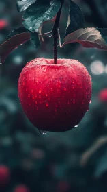 Red apple on branch with water droplets in soft focus orchard.