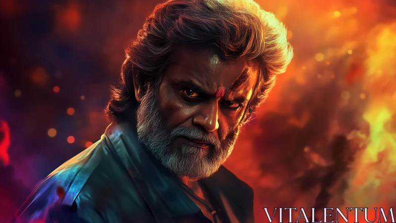 Storm-lit elder warrior stares through molten dusk firestorm.