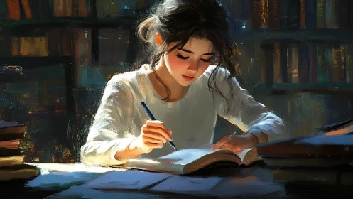 Young reader studying in warm library chiaroscuro lighting
