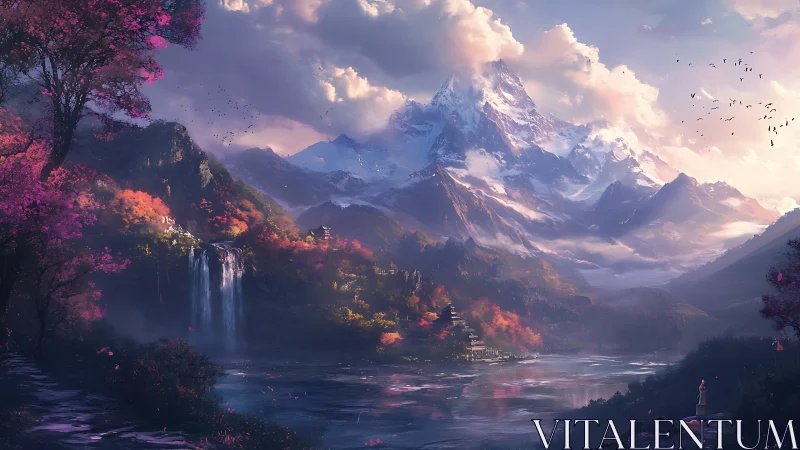 Dreamlit mountain valley with shimmering river and falls.