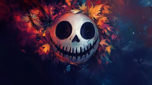 Grinning skull mask amid autumn foliage in saturated digital paint
