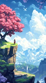 Person stands on cliff edge under pink tree above mountains