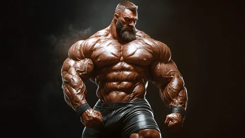 Hyperreal muscular bodybuilder under dramatic rim lighting.