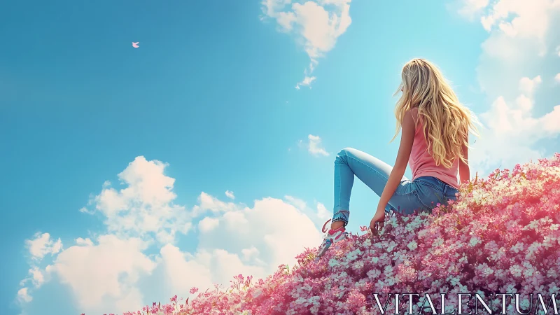 Backlit woman on floral hillside under saturated cyan sky