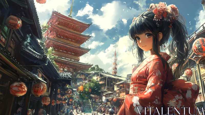 Young kimono wearer in lantern street with pagoda backdrop.