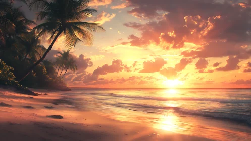 Sunlit tropical shoreline glowing with a peaceful sunset.