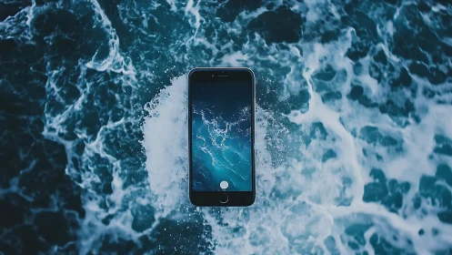 Smartphone suspended over turbulent blue ocean water.