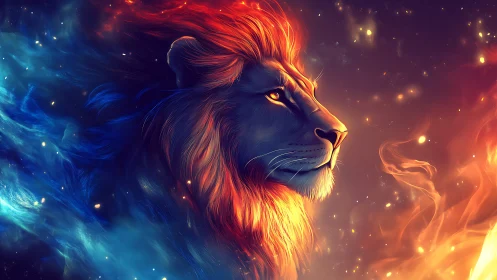 Majestic cosmic lion glowing with fire and stardust grace.