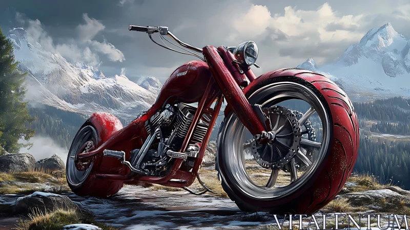 Red custom chopper dominating alpine mountain overlook.