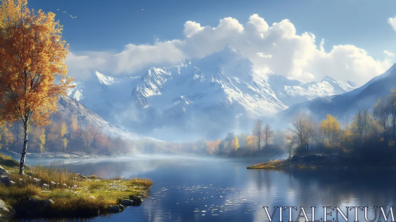 Autumn lake hush beneath snowbright cathedral mountains.