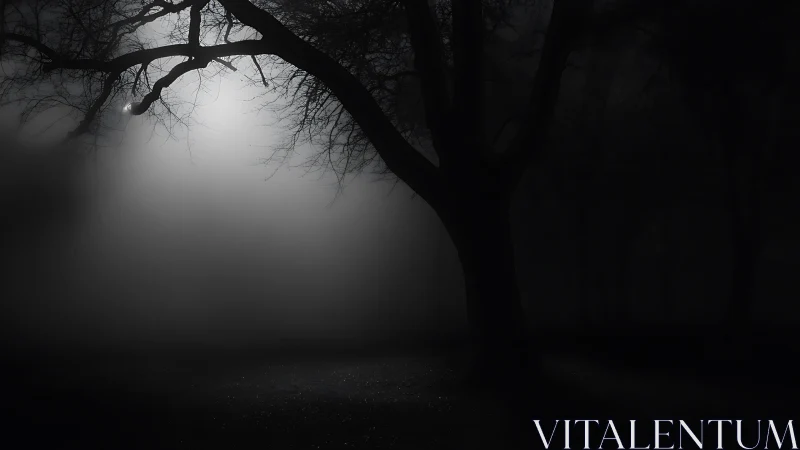 Backlit winter tree silhouette emerges through dense nocturnal fog