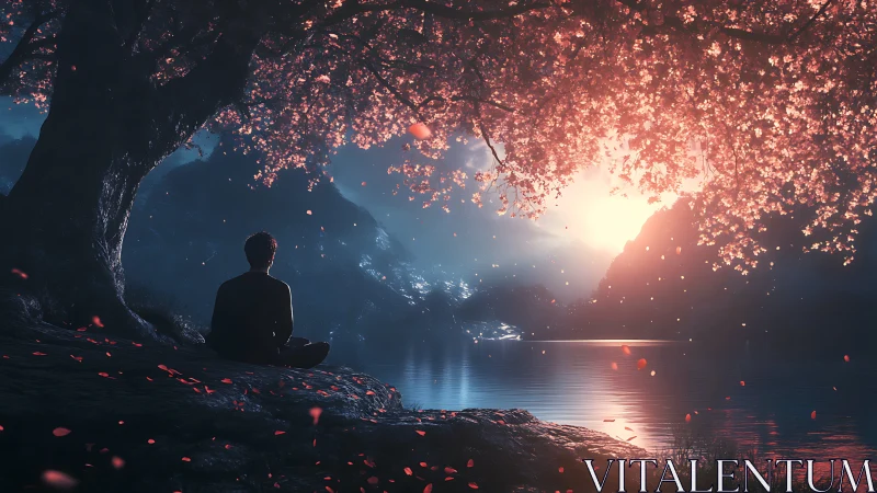 Digital painting of meditative figure under luminous blossom canopy.