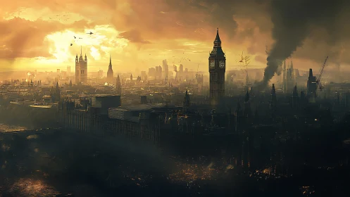 Post-apocalyptic London skyline under burning golden dusk.