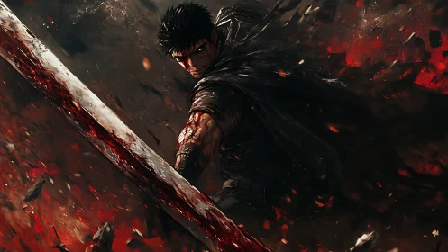 Bloodied swordsman drives massive blade through swirling embers
