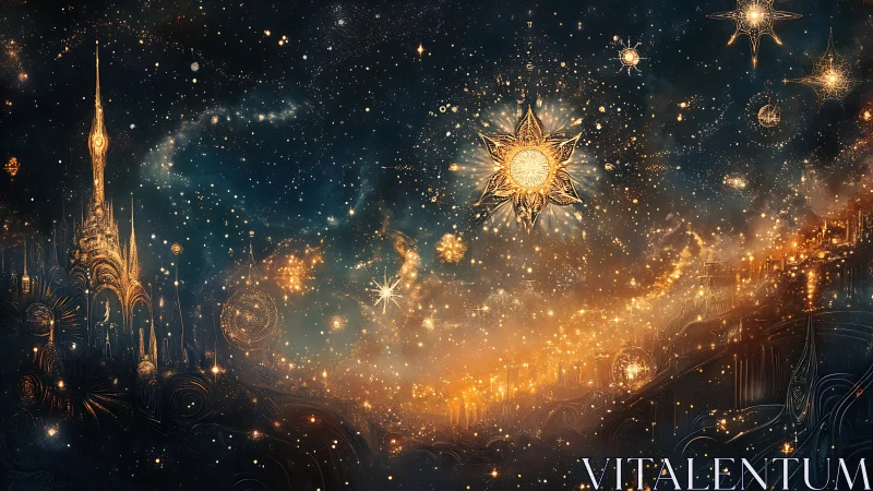 Golden celestial cityscape glows beneath intricate starfields