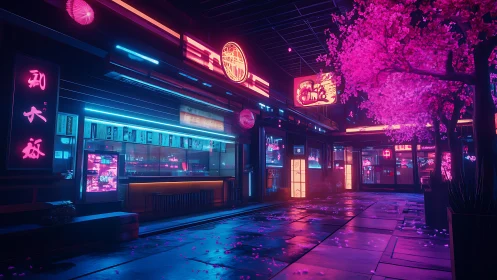 Neon alleyway glowing beside cyberpunk cherry blossoms.