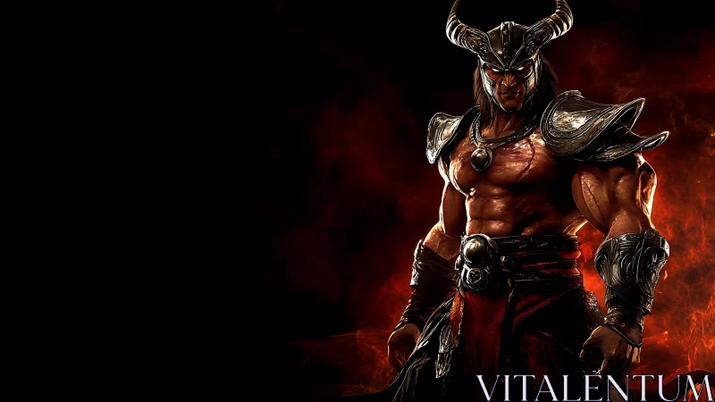 Horned warlord smolders in molten-shadow battlefield blaze.