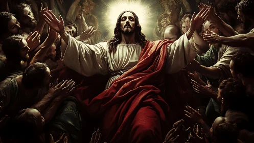 Radiant Christ figure rises in divine light among followers