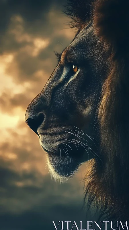 Side profile of lion against diffuse cloudy sunset sky.