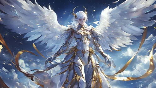 Winged celestial warrior in ornate gold armor amid stratified clouds