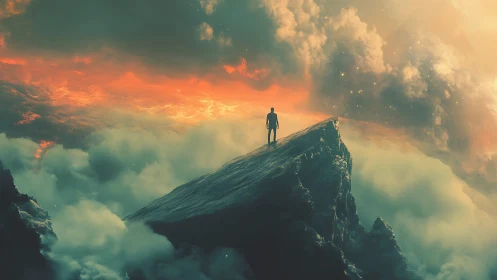 Lone dreamer atop cloud-split peak facing molten sky.