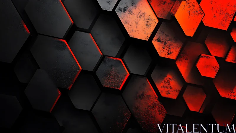 Dark Hexagonal Pattern with Red Neon Highlights, Grunge Style.