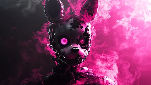 Molten cyber rabbit animatronic in neon magenta haze.