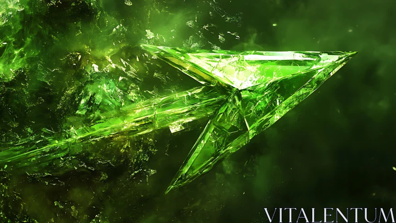Shattered green crystal arrow bursts through glowing debris