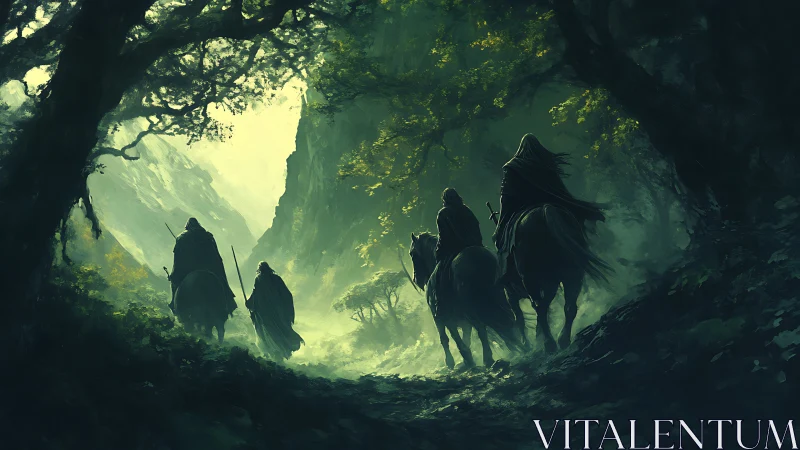 Riders in cloaks cross a misty forest pass at dawn.