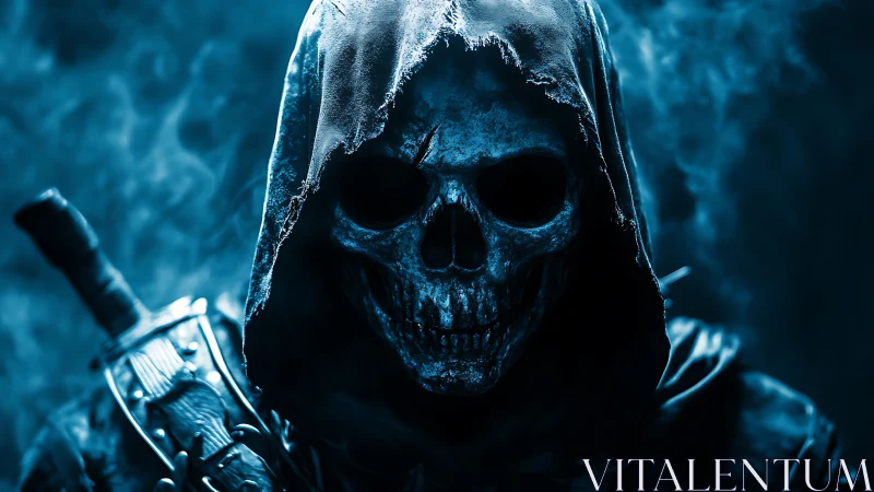 Hooded skeletal warrior with sword in blue smoke.