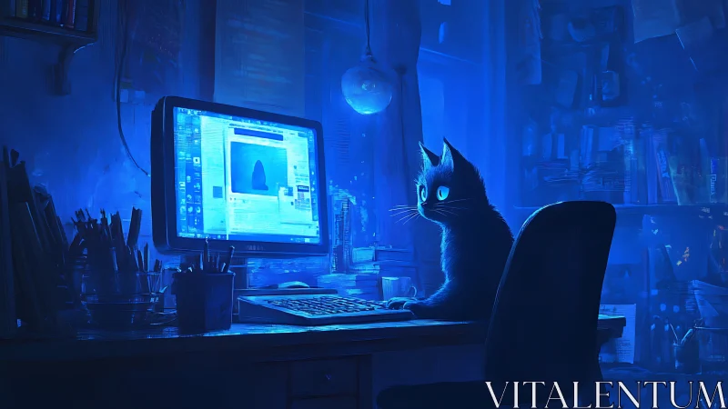 Midnight blue desk dreams with a wide-eyed digital cat.