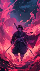 Calm samurai steps through swirling pink and violet fire.