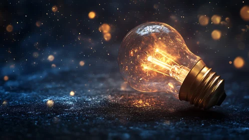 Glowing light bulb on glittering surface under bokeh sparks.