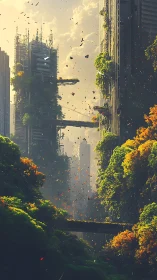 Sunlit skybridges where wild forests reclaim tall towers.
