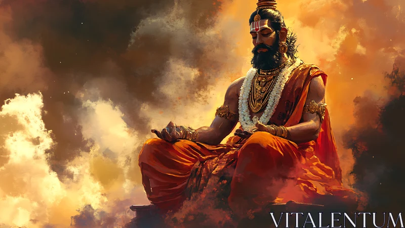 Meditating bearded sage in orange robes amid glowing clouds.