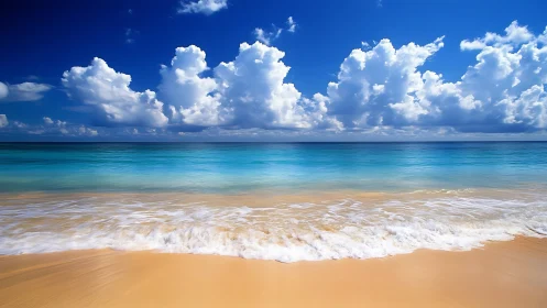 Cloud castles drift above a glassy turquoise shoreline dream