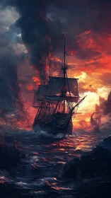Storm-tossed galleon navigates incandescent infernal seascape
