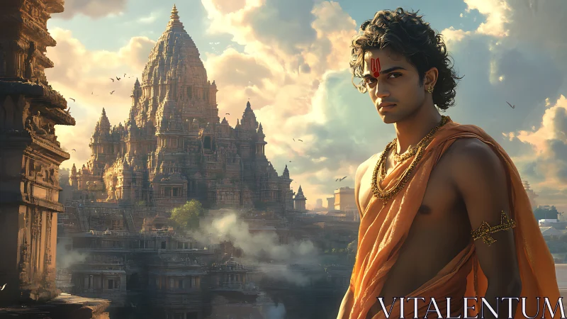 Sunlit temple guardian gazes over ancient river kingdom.