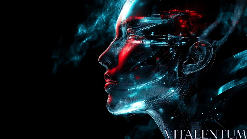 Neon cybernetic profile merges human contours and circuits.