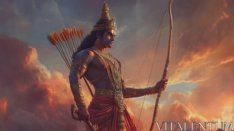 Digital rendering shows armed mythic archer against lit clouds