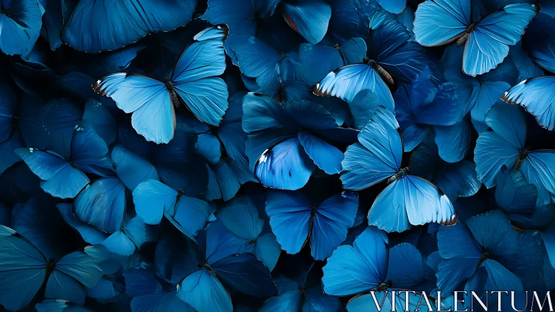 Clustered vivid blue butterflies in dense close view.