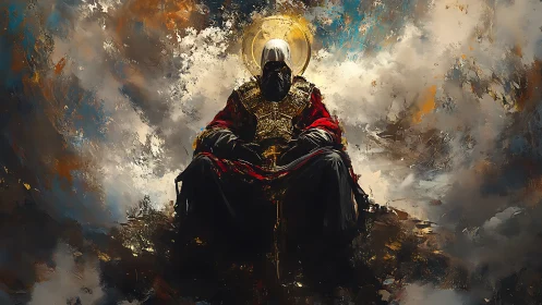 Seated robed figure occupies central throne amid clouded field