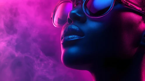 Futuristic woman in sunglasses with neon lighting and vibrant colors.