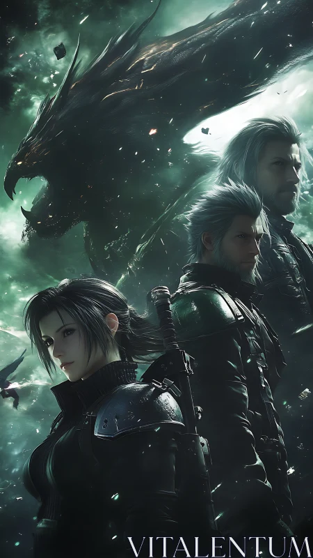 Triad of warriors framed by spectral dragon silhouette.