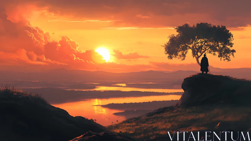 Solitary cloaked figure on cliff above lake at sunset.