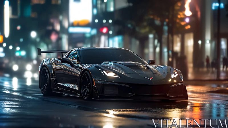 Aerodynamic track-spec Corvette on wet neon urban boulevard.