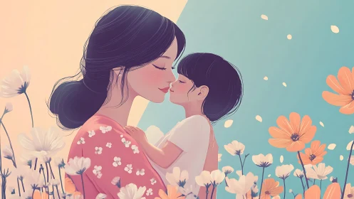 Mother and Child in Floral Field Illustration
